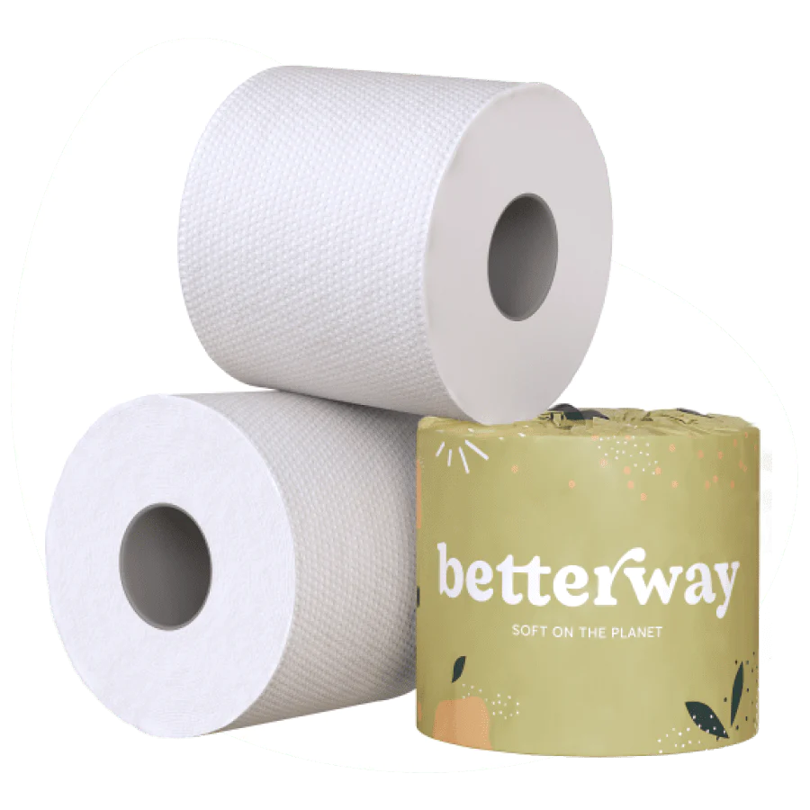 This image showcases **Betterway bamboo toilet paper**, featuring **three rolls**—two unwrapped white rolls with a textured pattern and one wrapped in a **muted green, nature-inspired paper**. The packaging displays the **Betterway** logo with the tagline **"Soft on the Planet,"** emphasizing the product's **eco-friendly, plastic-free, and sustainable design**. Made from **bamboo**, this toilet paper offers a **soft, durable, and environmentally conscious** alternative to traditional options.