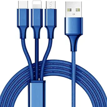 This image features a **multi-device charging cable** with a **USB-A connector on one end** and **three different connectors on the other end**:
1. **USB-C** – for modern Android devices, tablets, and other USB-C-compatible gadgets.
2. **Lightning** – for Apple devices like iPhones and iPads.
3. **Micro-USB** – for older Android devices, accessories, and other small electronics.
The cable is **braided in blue**, offering a durable and tangle-resistant design. This type of **3-in-1 charging cable**