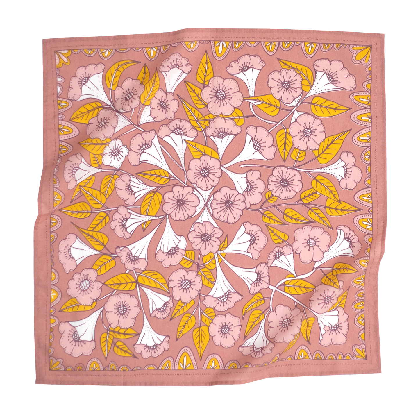 This image features a **square fabric bandana** with a **vintage-inspired floral design** on a muted **dusty rose background**. The intricate pattern showcases **soft pink flowers, white trumpet-shaped blossoms, and golden yellow leaves**, all symmetrically arranged. A decorative border with repeating shapes enhances its aesthetic appeal. The fabric appears lightweight and breathable, making it a versatile accessory for wearing as a **headband, neck scarf, or stylish accent piece**.