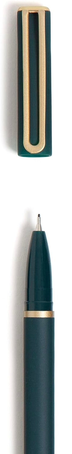 A close-up of a green pen with a gold clip and tip, shown with its cap removed to display the 0.7mm medium point tip.