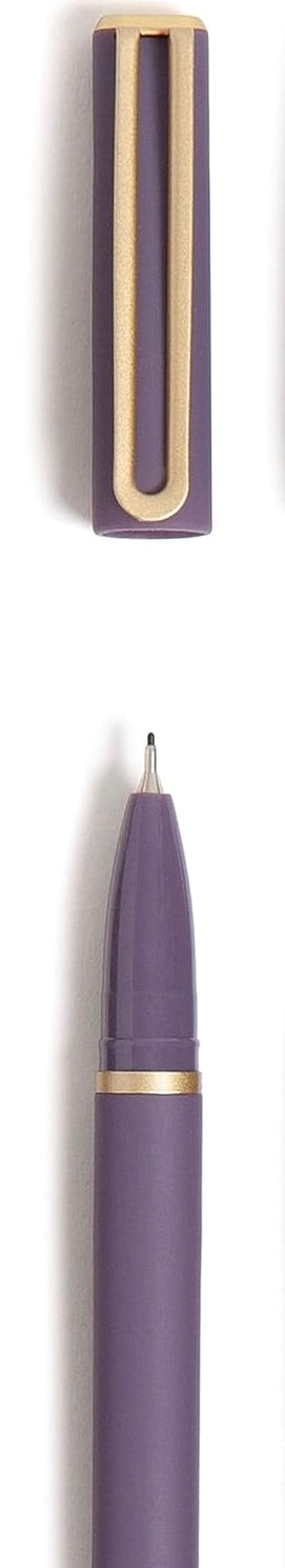 A purple pen shown vertically with cap and tip separated; gold accents highlight the clip and trim.
