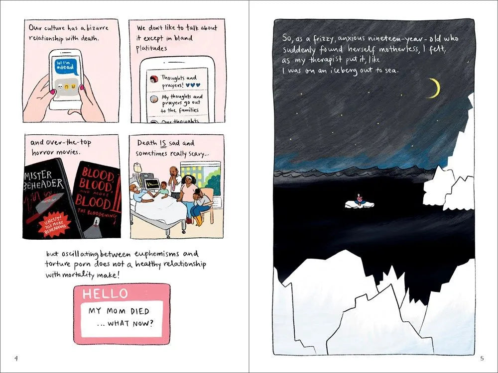 Comic spread showing reflections on death and grief, ending with a lone figure adrift on an iceberg under a night sky.