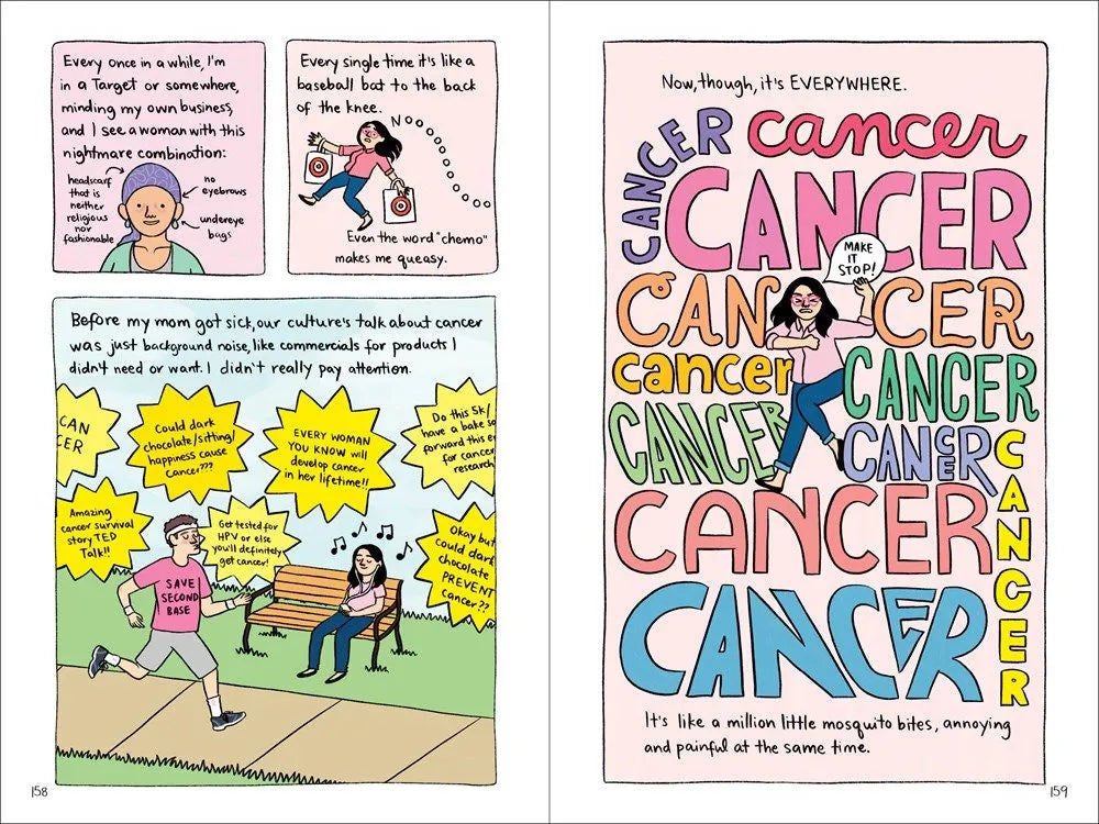 Comic page with a woman overwhelmed by the word “cancer” repeated in various fonts and colors.