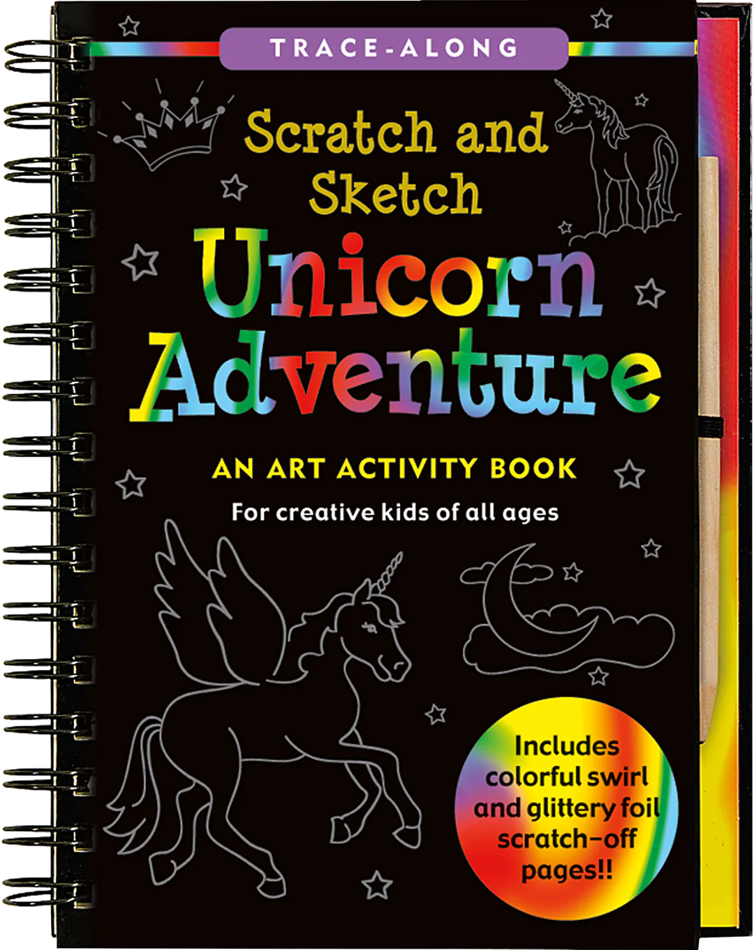 This image features the cover of *Scratch and Sketch: Unicorn Adventure*, an **art activity book** designed for **creative kids of all ages**. The book allows users to **scratch off the black coating to reveal colorful swirl and glittery foil designs underneath**, using the included wooden stylus. The cover showcases whimsical unicorn-themed illustrations, including a flying unicorn, stars, and a crescent moon, making it a magical and engaging activity for young artists who love fantasy and creativity.