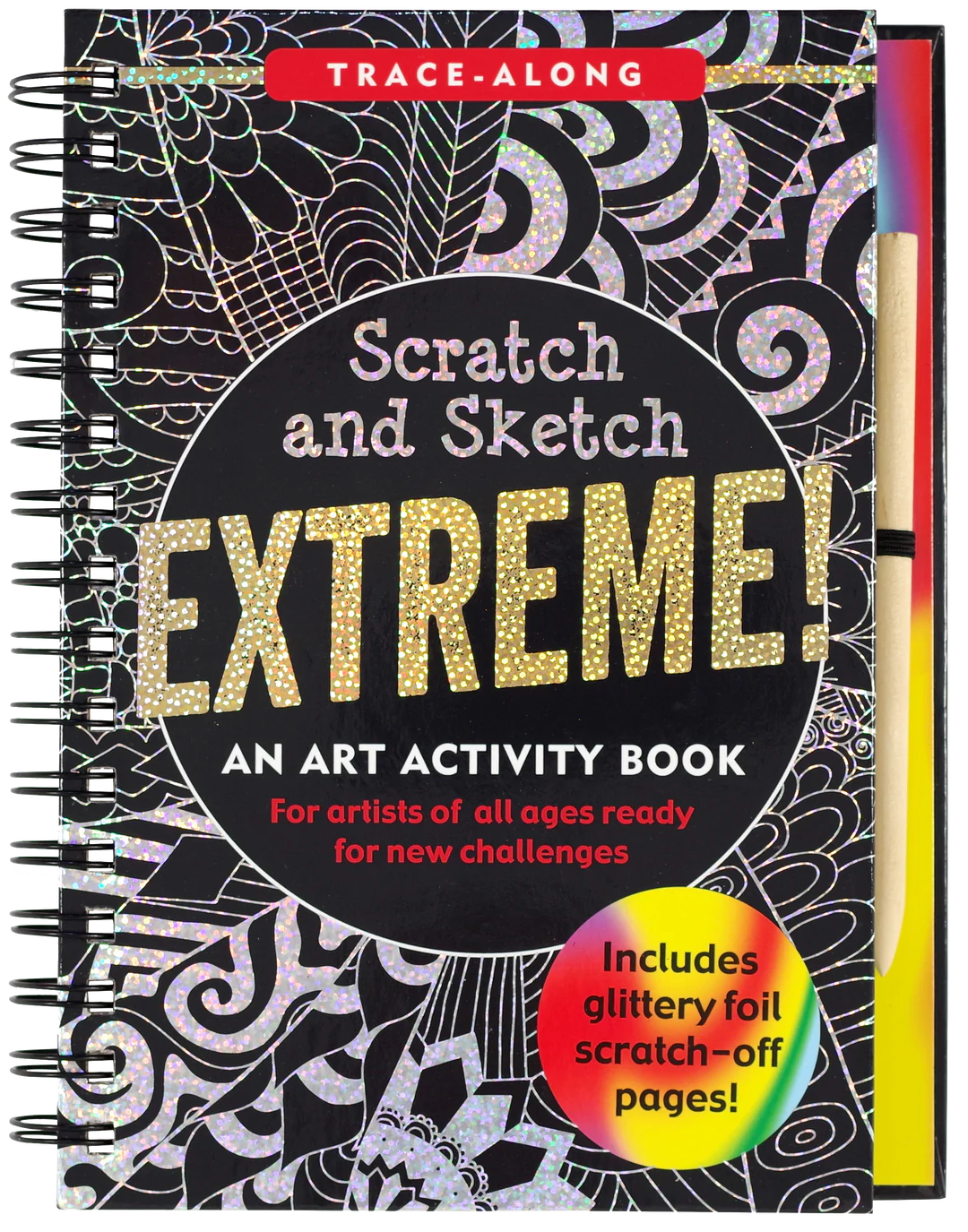 This image shows the cover of *Scratch and Sketch Extreme!*, an advanced **trace-along** art activity book designed for artists of all ages looking for a new challenge. The book features **glittery foil scratch-off pages**, revealed by using the included wooden stylus. The cover showcases intricate black-and-white patterns that can be scratched away to uncover dazzling designs underneath. Perfect for those who enjoy detailed and creative artwork.