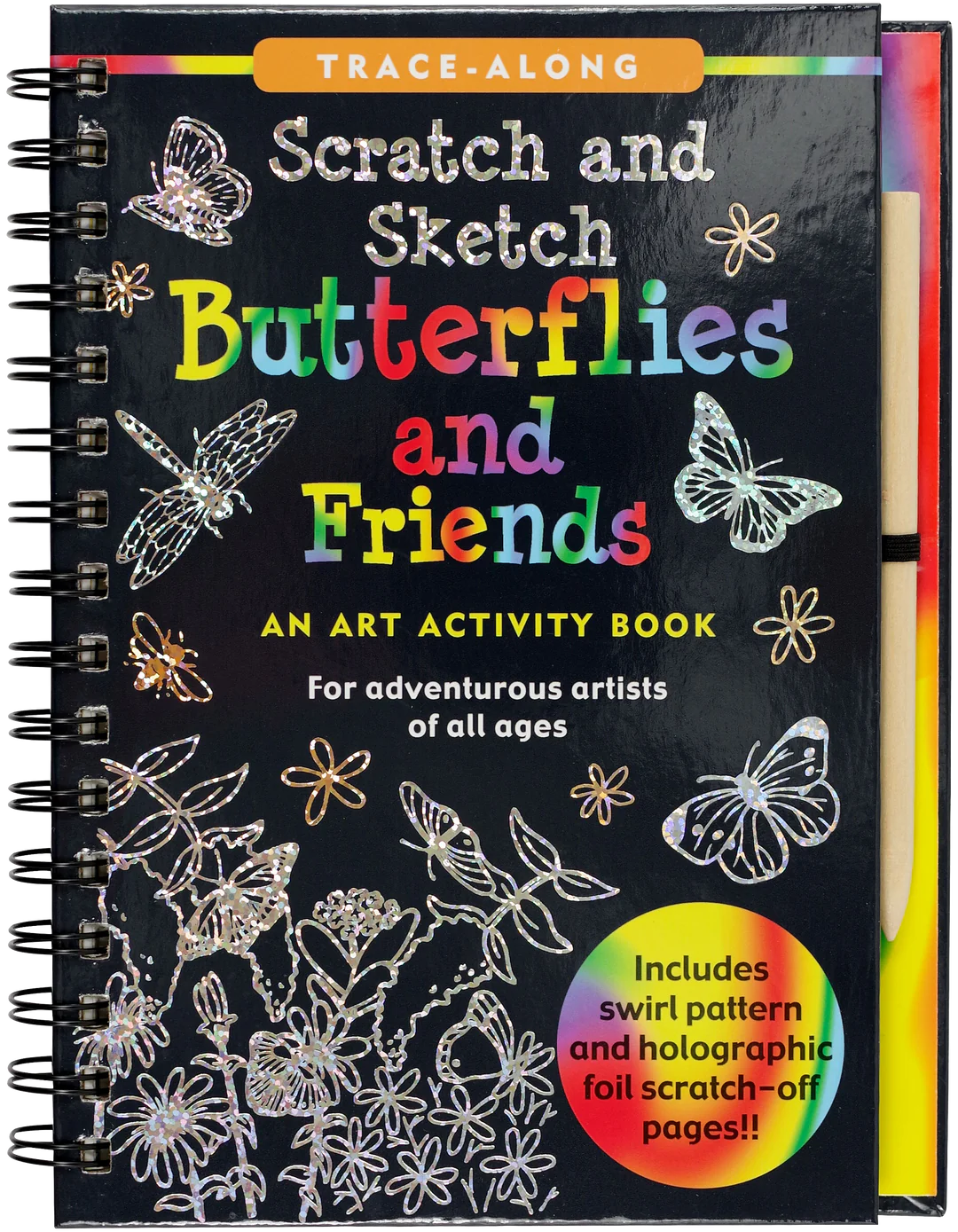 This image shows the cover of Scratch and Sketch: Butterflies and Friends, an art activity book designed for all ages. The book features a trace-along format, allowing users to create beautiful images by scratching off the black surface to reveal colorful patterns underneath. The cover highlights holographic foil and swirl pattern scratch-off pages, adding a fun and artistic surprise element. A wooden stylus is included for easy drawing, making it a great interactive activity for creative exploration.