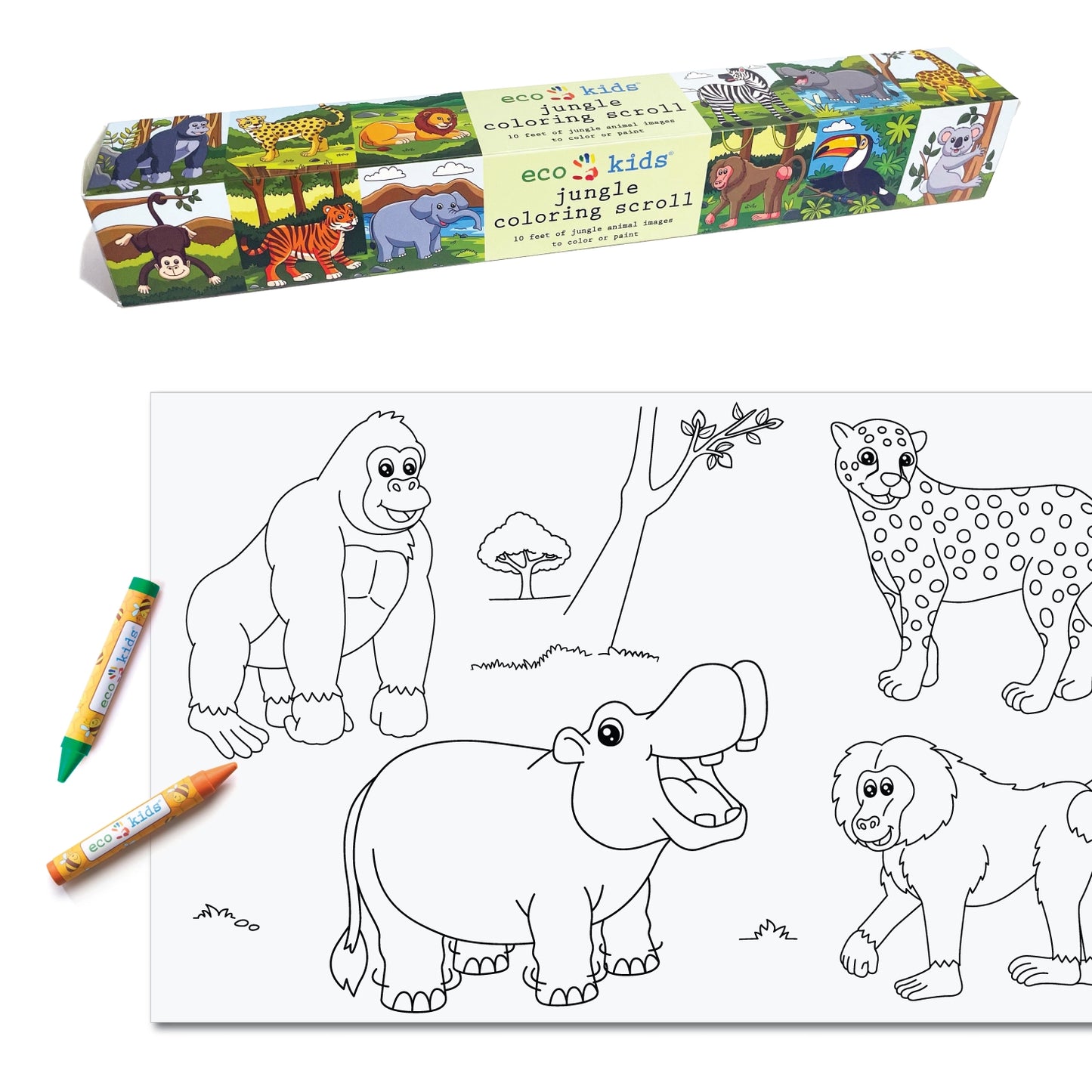 This image features the **Eco Kids Jungle Coloring Scroll**, a long, continuous sheet of coloring paper with jungle animal illustrations. The packaging at the top shows vibrant images of various jungle animals, including a lion, zebra, elephant, and toucan. Below, a portion of the unrolled coloring scroll displays outlined drawings of a gorilla, hippo, cheetah, and lion, ready to be colored. Two eco-friendly crayons, one green and one orange, are placed beside the scroll, emphasizing a sustainable and fun c