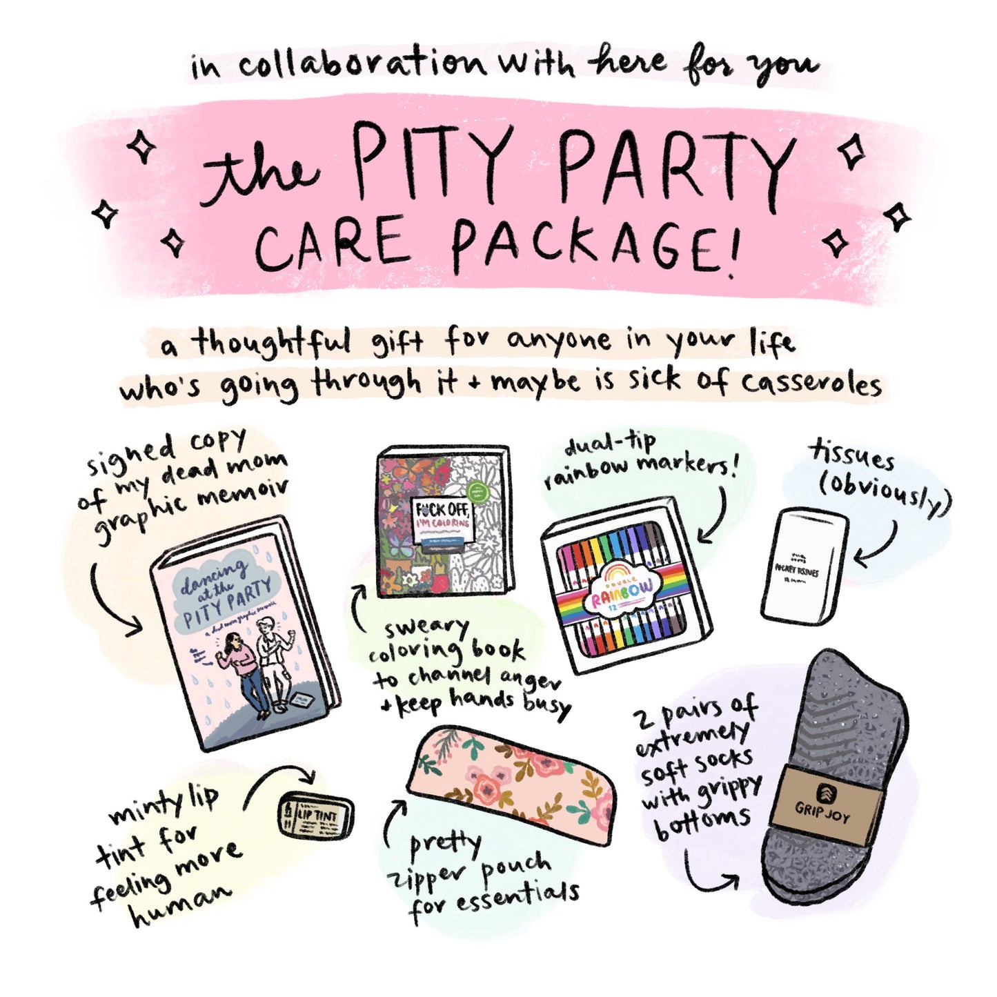 This is an illustrated promotional image for *The Pity Party Care Package*, created in collaboration with *Here For You*. The care package is described as a thoughtful gift for someone going through a tough time—especially if they’re "sick of casseroles." The illustration highlights the included items with handwritten labels:
- A signed copy of *Dancing at the Pity Party*, a graphic memoir about losing a mother
- A "sweary coloring book" for stress relief
- Dual-tip rainbow markers
- Pocket tissues