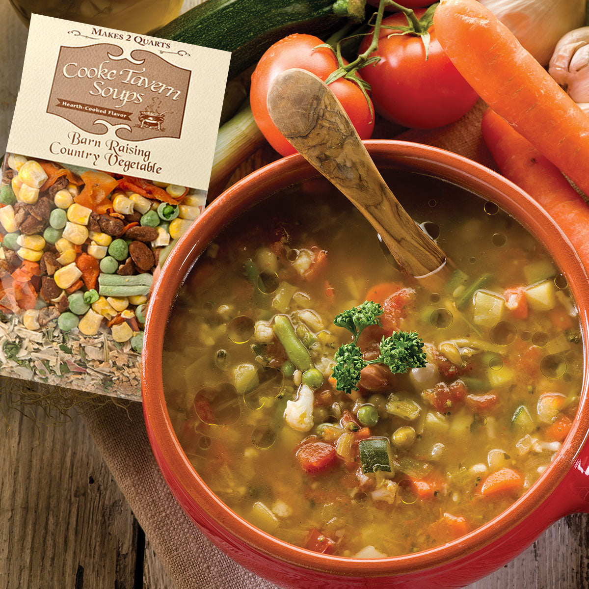 Cooke Tavern Soups Barn Raising Country Vegetable soup mix and a bowl of hearty vegetable soup with fresh ingredients.