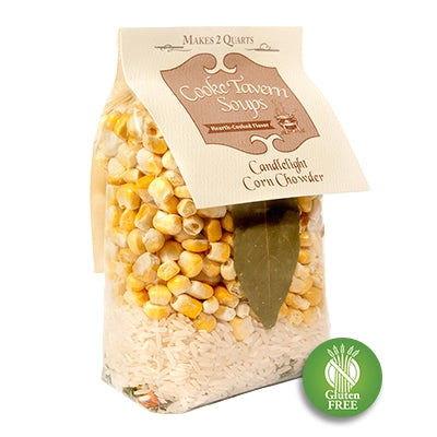 Package of Cooke Tavern Soups corn chowder with visible corn, bay leaf and rice
