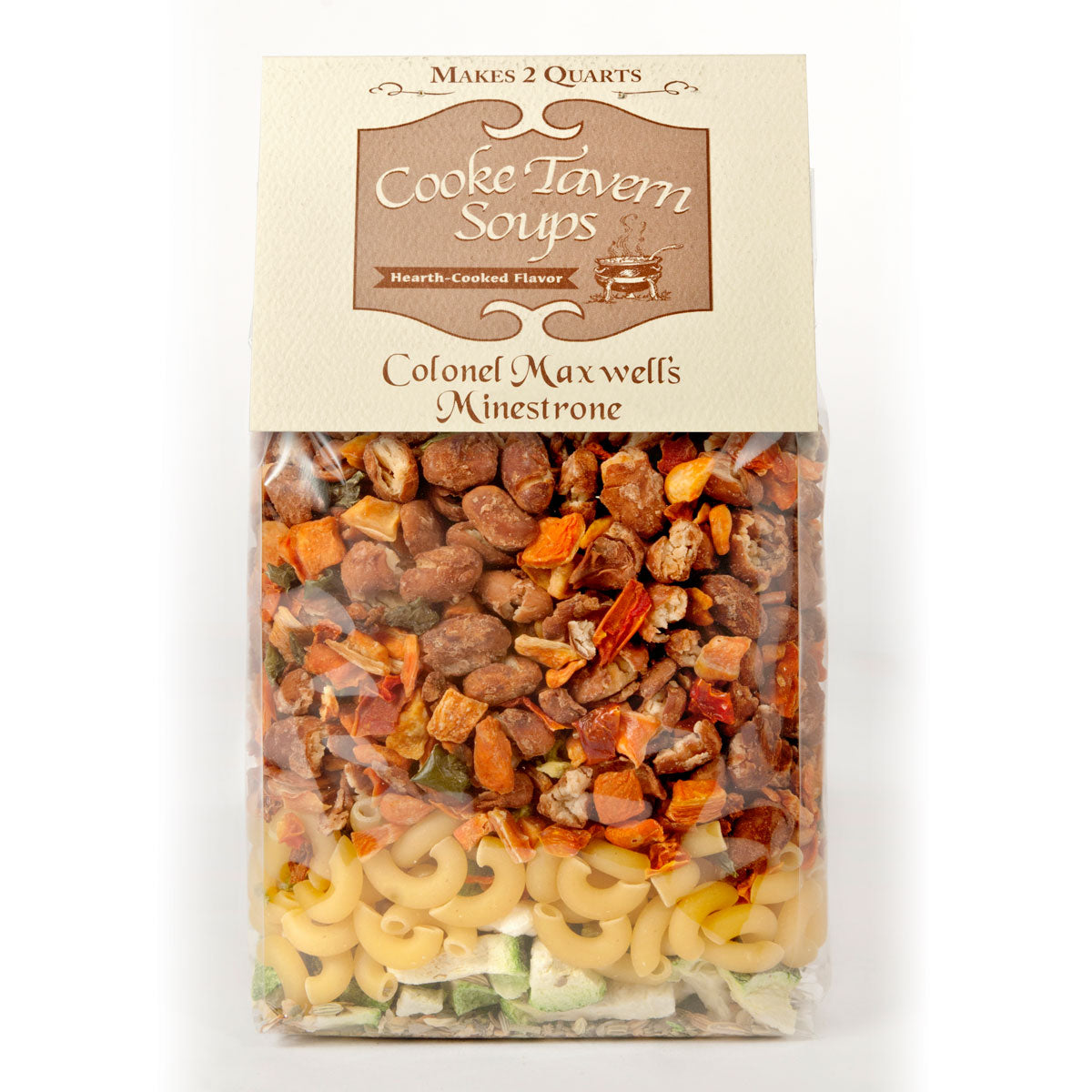 Package of Cooke Tavern Soups Colonel Maxwell’s Minestrone with visible pasta, beans, and dried vegetables.