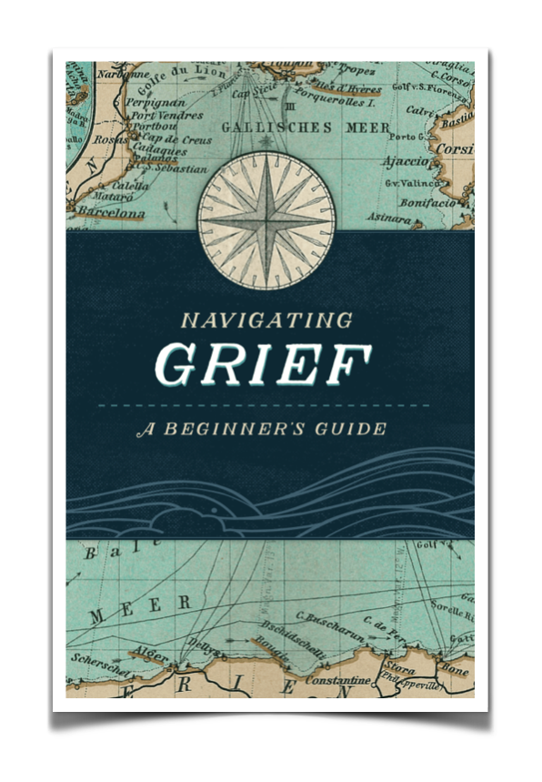 This image features the cover of a booklet titled **"Navigating Grief: A Beginner’s Guide."** The design incorporates a vintage-style **nautical map background** with a **compass rose** at the center, symbolizing direction and guidance. The title is displayed in elegant serif typography, with "GRIEF" emphasized in bold lettering. Below the title, stylized ocean waves further reinforce the theme of **navigating the complexities of grief**. The cover suggests that this guide provides **support and insights fo