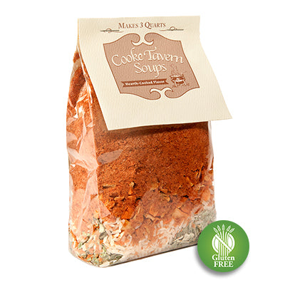 Alt text (125 characters or fewer):
_Package of Cooke Tavern Soups Tomato Basil soup mix with visible herbs and spices, marked with a green gluten-free label._