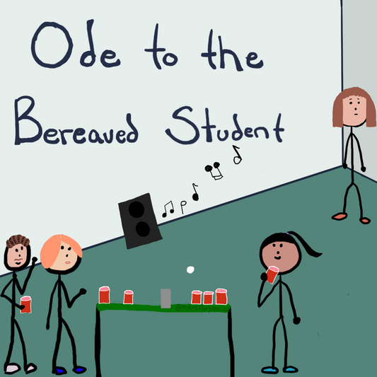 Alt text: At a college party, one sad student stands alone while others play beer pong and chat. Large text on the wall reads “Ode to the Bereaved Student.”