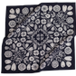 This image features a **square fabric bandana** with an **intricate white floral pattern** on a deep navy blue background. The design is highly detailed and symmetrical, showcasing various flowers, leaves, and botanical elements radiating from the center. The pattern has a vintage, folk-art-inspired aesthetic, making it a stylish and versatile accessory for wearing as a headband, neck scarf, or decorative piece. The fabric appears soft and lightweight, perfect for everyday wear.