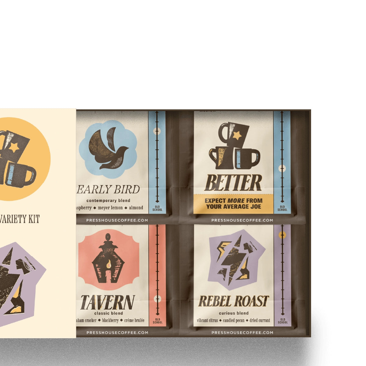 Open coffee sampler box showing four blends: Early Bird, Better, Tavern, and Rebel Roast with colorful retro packaging.