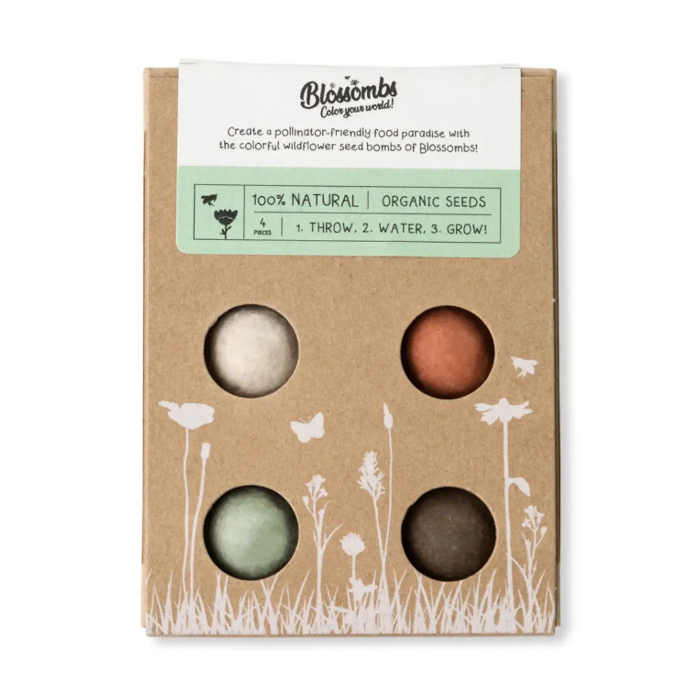 Box of organic seeds with three round seed bombs on a white background