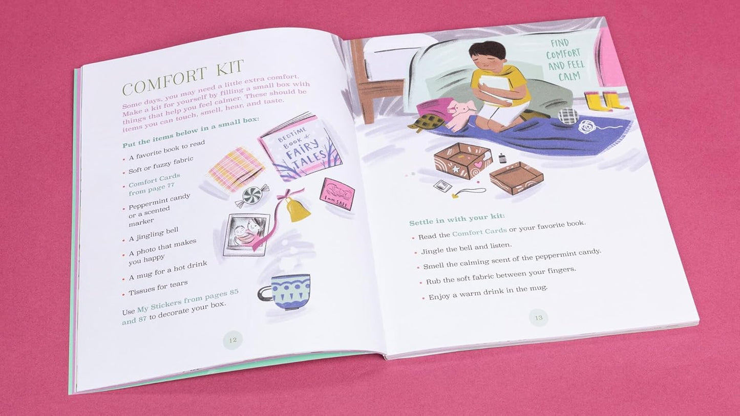 Open book showing a comfort kit guide with illustrated items and a child sitting on a bed holding a book.