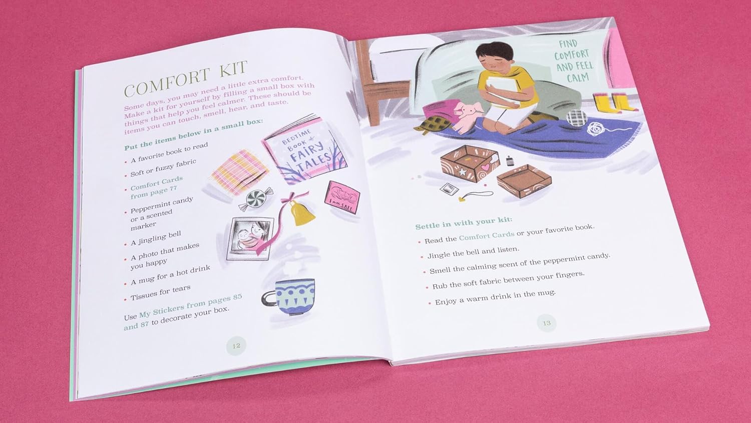 Open book showing a comfort kit guide with illustrated items and a child sitting on a bed holding a book.