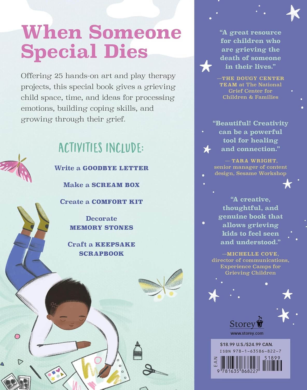 Illustrated child drawing with butterflies and text describing grief activities like letters, memory stones, and scrapbooks.