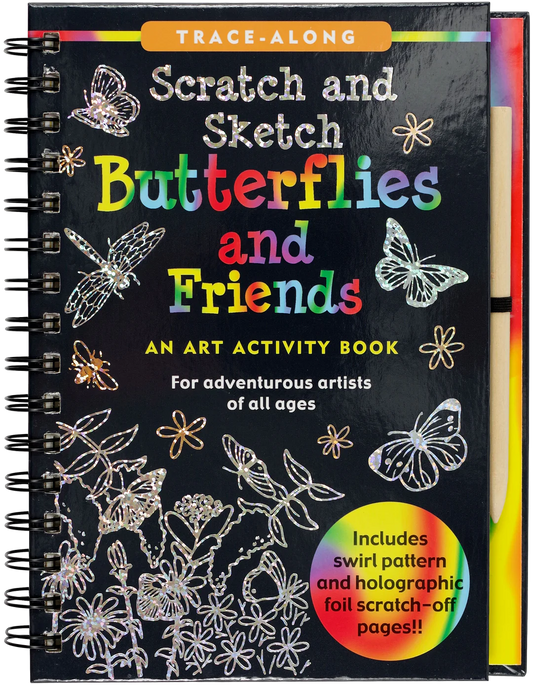 This image shows the cover of Scratch and Sketch: Butterflies and Friends, an art activity book designed for all ages. The book features a trace-along format, allowing users to create beautiful images by scratching off the black surface to reveal colorful patterns underneath. The cover highlights holographic foil and swirl pattern scratch-off pages, adding a fun and artistic surprise element. A wooden stylus is included for easy drawing, making it a great interactive activity for creative exploration.