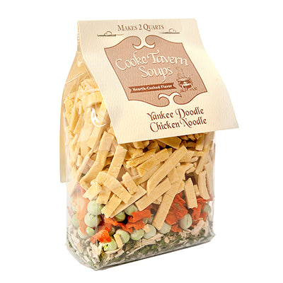 Package of Cooke Tavern Soups chicken noodle with visible noodles and colorful vegetables and herbs