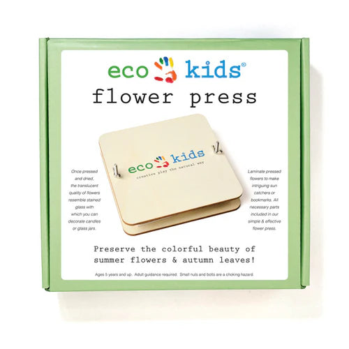 The Eco-Kids flower press kit, shown in its green box, includes tools to press and preserve flowers and leaves. It helps kids save the beauty of summer blooms and autumn foliage in a fun, hands-on way.