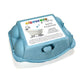 A closed blue egg carton labeled “Elseware unplug bath fizzies” contains six egg-shaped bath bombs made with cocoa and shea butter, and scented with lavender essential oil for a fizzy, moisturizing bath experience.