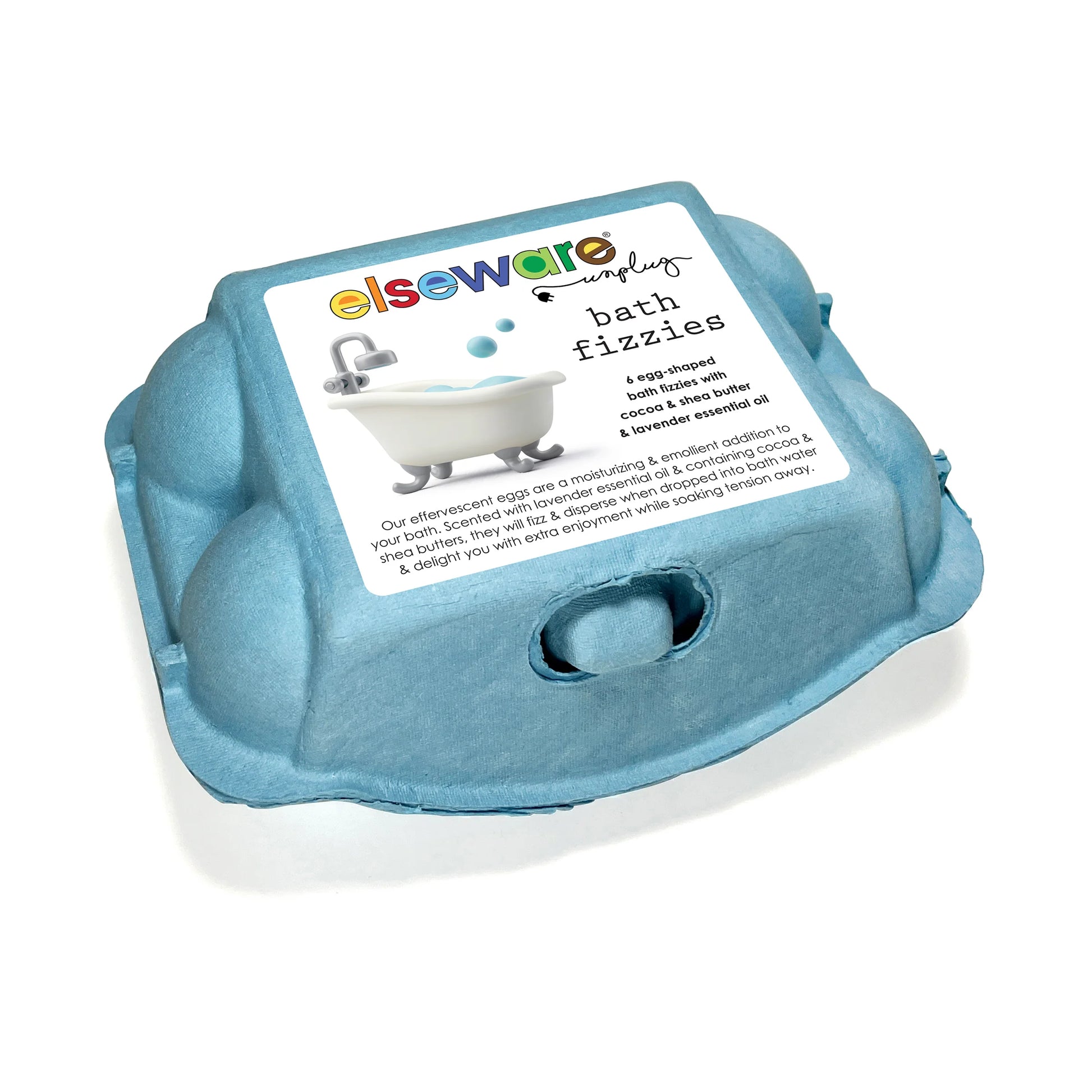 A closed blue egg carton labeled “Elseware unplug bath fizzies” contains six egg-shaped bath bombs made with cocoa and shea butter, and scented with lavender essential oil for a fizzy, moisturizing bath experience.