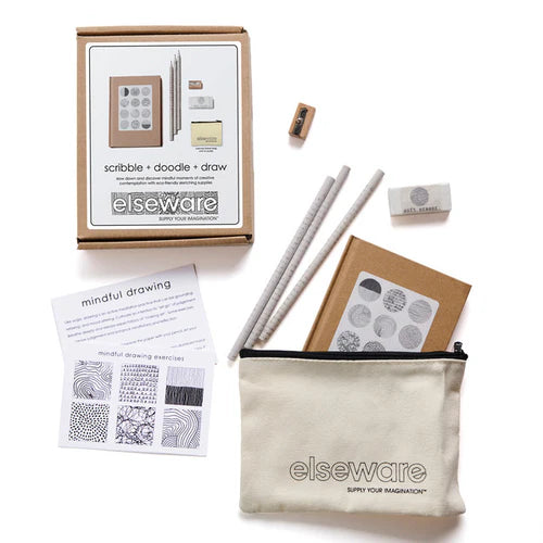 A mindful drawing kit by Elseware includes pencils, eraser, sharpener, drawing booklet, instruction card, and a zippered pouch. The packaging reads “scribble + doodle + draw” and encourages creative, calming exercises.