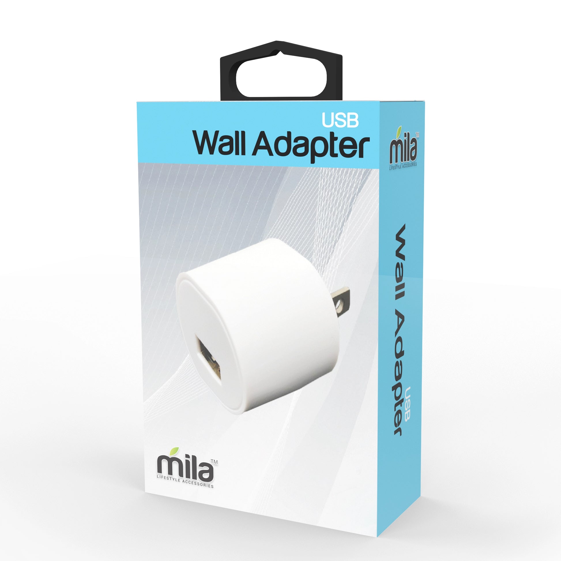 This image features **Mila USB Wall Adapter** packaging. The **white wall adapter** is displayed prominently on the front, showing its compact and minimalist design with a **single USB-A port** for charging. The box has a **blue and white color scheme**, with the Mila brand logo and the words **"USB Wall Adapter"** clearly printed. The packaging includes a **hanging tab** for retail display. This adapter is designed for **charging smartphones, tablets, and other USB-powered devices** by plugging into a stan
