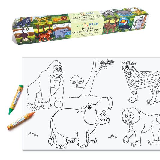 This image features the **Eco Kids Jungle Coloring Scroll**, a long, continuous sheet of coloring paper with jungle animal illustrations. The packaging at the top shows vibrant images of various jungle animals, including a lion, zebra, elephant, and toucan. Below, a portion of the unrolled coloring scroll displays outlined drawings of a gorilla, hippo, cheetah, and lion, ready to be colored. 