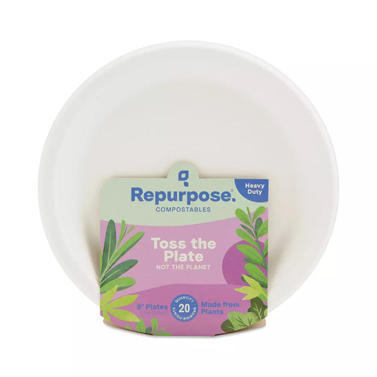 Repurpose compostable 9-inch plates, pack of 20, with eco-friendly packaging and plant-based design.